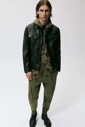 Men's Black Leather Chelsea Boots, Olive Cargo Pants, Olive Camouflage Windbreaker, Black Leather Shirt Jacket