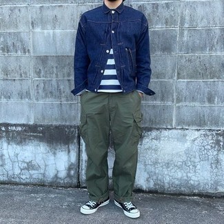 Men's Black and White Canvas Low Top Sneakers, Olive Cargo Pants, White and Navy Horizontal Striped Crew-neck T-shirt, Navy Denim Jacket