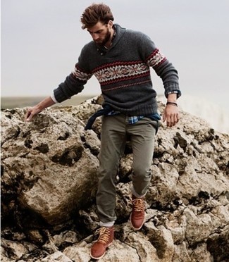 Grey Fair Isle Crew-neck Sweater Outfits For Men: 