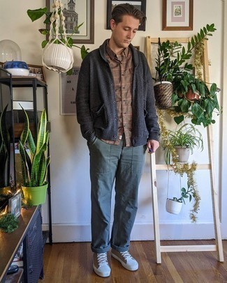 Men's Brown Canvas High Top Sneakers, Olive Chinos, Brown Check Short Sleeve Shirt, Charcoal Shawl Cardigan
