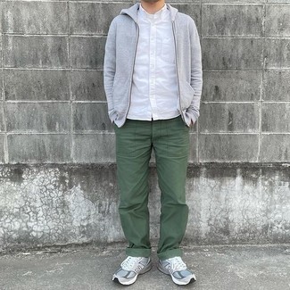 Men's Grey Athletic Shoes, Olive Chinos, White Short Sleeve Shirt, Grey Hoodie