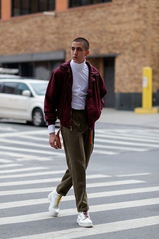 Burgundy Bomber Jacket Outfits For Men In Their Teens: 