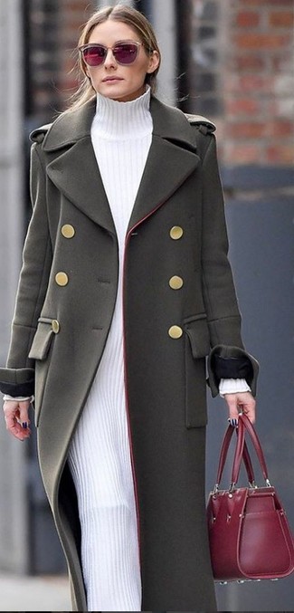 Olivia Palermo wearing Olive Coat, White Sweater Dress, Burgundy Leather Tote Bag, Burgundy Sunglasses