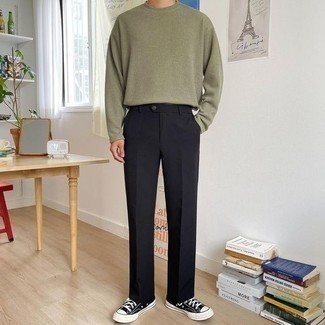 Men's Olive Crew-neck Sweater, Black Chinos, Black and White Canvas Low Top Sneakers