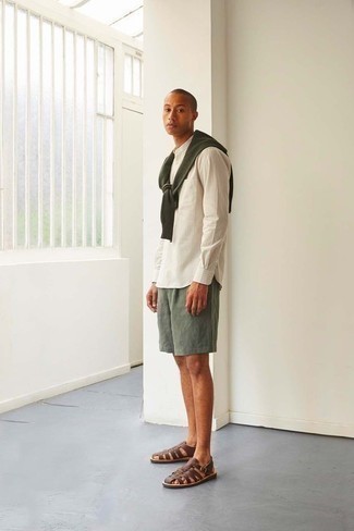 Men's Olive Crew-neck Sweater, White Vertical Striped Long Sleeve Shirt, Olive Shorts, Brown Leather Sandals