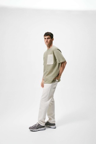 Men's Olive Crew-neck T-shirt, White Jeans, Charcoal Athletic Shoes