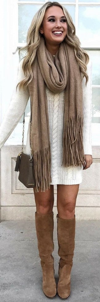 Women's Brown Scarf, Olive Leather Crossbody Bag, Brown Suede Knee High Boots, White Sweater Dress