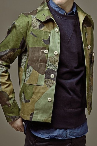 Men's Olive Camouflage Denim Jacket, Black Crew-neck Sweater, Blue ...
