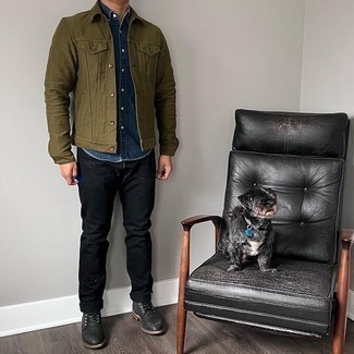 Olive Denim Jacket Outfits For Men: Nail the laid-back and cool ensemble in an olive denim jacket and black jeans. If you need to easily spruce up this ensemble with shoes, why not add black leather chelsea boots to the mix?