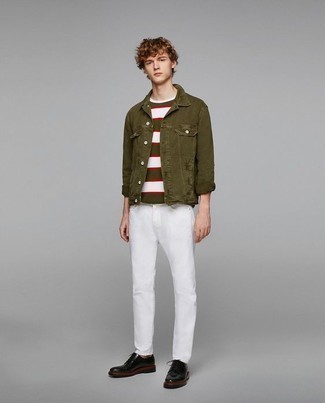 Olive Denim Jacket Outfits For Men: Extremely stylish, this casual pairing of an olive denim jacket and white jeans will provide you with excellent styling opportunities. For maximum impact, complete this look with black leather derby shoes.