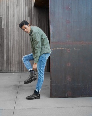 Olive Denim Shirt Outfits For Men: For a relaxed casual menswear style with a modern take, you can easily rock an olive denim shirt and blue jeans. Kick up this whole outfit with black leather chelsea boots.