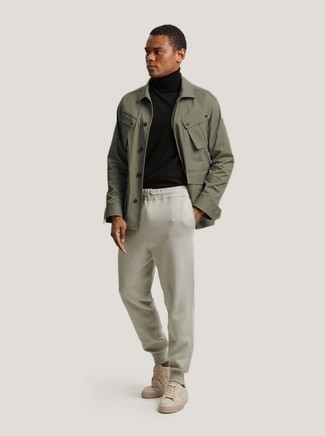 Men's Olive Field Jacket, Black Turtleneck, Grey Sweatpants, Beige Canvas Low Top Sneakers