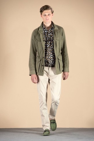 Men's Olive Field Jacket, Charcoal Camouflage Long Sleeve Shirt, Beige Chinos, Green Leather Driving Shoes
