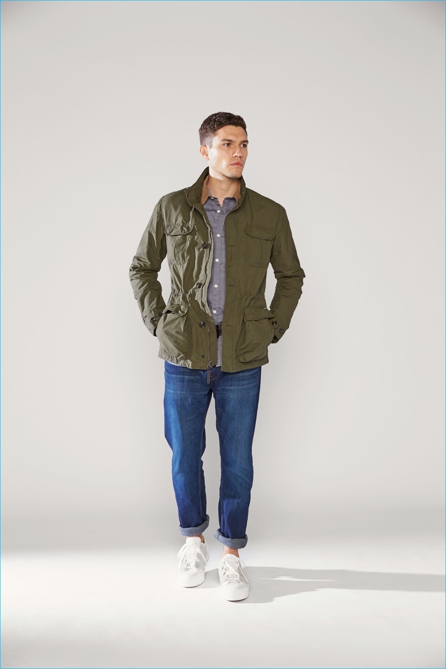 Men's Olive Field Jacket, Grey Long Sleeve Shirt, Blue Jeans