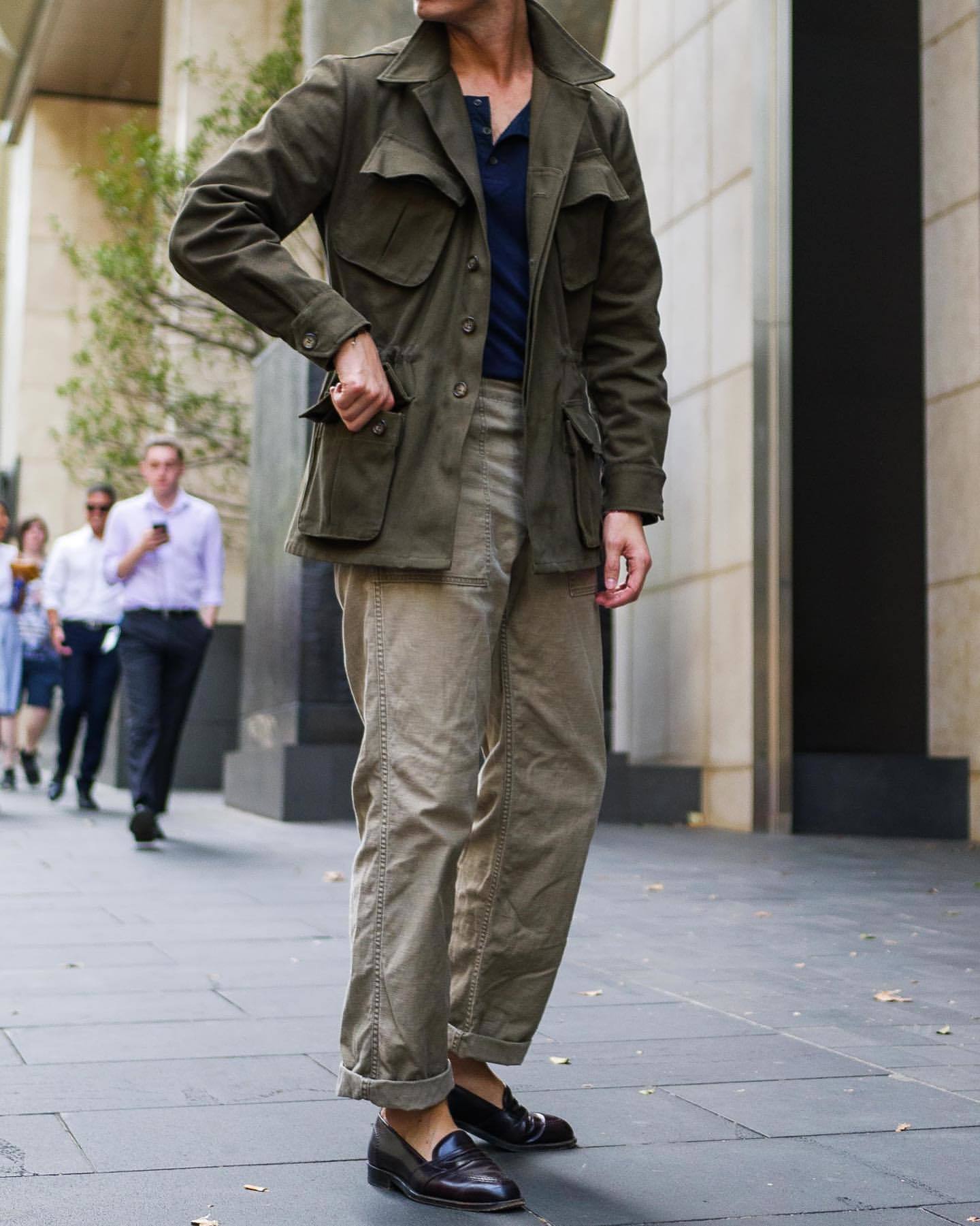 Men's Olive Field Jacket, Navy Henley Shirt, Olive Cargo Pants