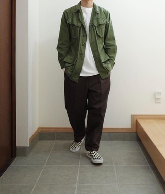 Olive Field Jacket Outfits: Pairing an olive field jacket with dark brown chinos is an on-point idea for a cool and casual ensemble. Black and white check canvas slip-on sneakers are a great choice to complete this ensemble.