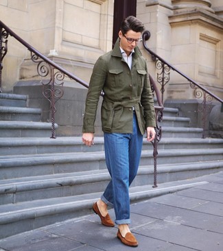 Tobacco Suede Loafers Outfits For Men: This pairing of an olive linen field jacket and blue jeans is extremely easy to recreate and so comfortable to sport as well! Complement this look with tobacco suede loafers to instantly boost the wow factor of any ensemble.