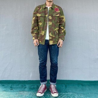Teal Field Jacket Outfits: If you're after a relaxed yet dapper ensemble, pair a teal field jacket with navy jeans. Add a confident kick to the ensemble with burgundy canvas high top sneakers.
