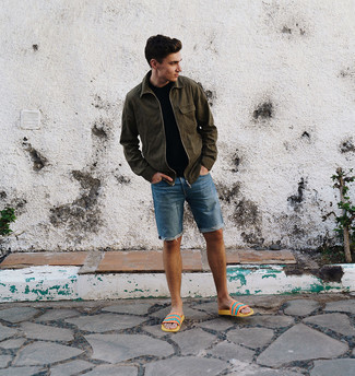 Olive Harrington Jacket Outfits: This relaxed casual pairing of an olive harrington jacket and blue denim shorts is extremely easy to throw together without a second thought, helping you look stylish and prepared for anything without spending a ton of time going through your wardrobe. Introduce orange canvas sandals to the equation to keep the look fresh.