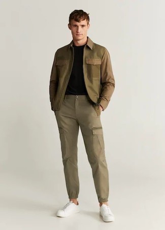 Olive Harrington Jacket Outfits: If you gravitate towards laid-back looks, why not consider teaming an olive harrington jacket with khaki cargo pants? If you're hesitant about how to round off, a pair of white canvas low top sneakers is a fail-safe option.