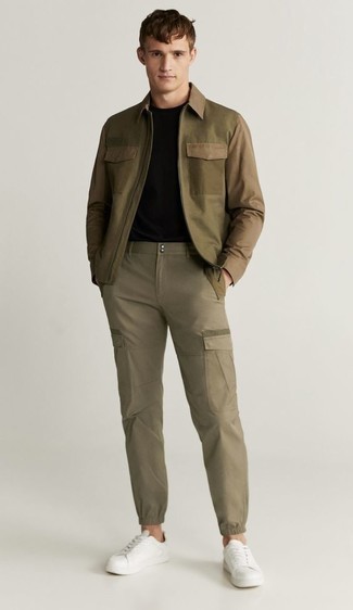 Khaki Cargo Pants Outfits: Wear an olive harrington jacket and khaki cargo pants to showcase you've got serious menswear prowess. A pair of white leather low top sneakers looks perfectly at home here.