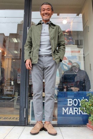Olive Harrington Jacket Outfits: An olive harrington jacket and grey chinos will give off this cool and casual vibe. To give this outfit a classier vibe, throw tan suede derby shoes into the mix.