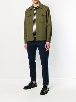 Men's Olive Harrington Jacket, Navy and White Horizontal Striped Crew-neck T-shirt, Navy Chinos, Black Leather Derby Shoes