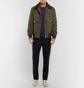Men's Olive Wool Harrington Jacket, Violet Cable Sweater, Black Cargo Pants, White Leather Low Top Sneakers