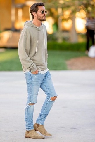 Men's Olive Hoodie, Grey Crew-neck T-shirt, Light Blue Ripped Jeans, Tan Suede Chelsea Boots