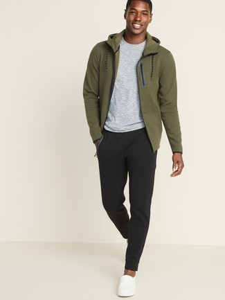 Black Sweatpants Outfits For Men: This pairing of an olive hoodie and black sweatpants spells comfort and casual cool. For something more on the classy side to complement this ensemble, complete your ensemble with a pair of white canvas slip-on sneakers.