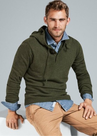 Teal Hoodie Outfits For Men: This combo of a teal hoodie and khaki chinos is hard proof that a pared down off-duty ensemble can still be really interesting.