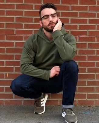 Dark Green Athletic Shoes Outfits For Men: If you like a more laid-back approach to dressing up, why not reach for an olive hoodie and navy jeans? You can take a more casual approach with footwear and introduce dark green athletic shoes to the mix.