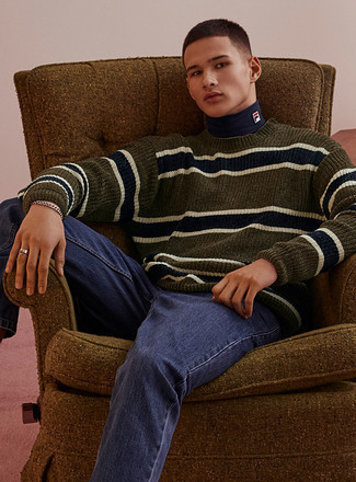 Dark Green Horizontal Striped Crew-neck Sweater Outfits For Men: Wear a dark green horizontal striped crew-neck sweater and navy jeans for an everyday ensemble that's full of style and character.