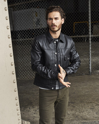 Black Leather Denim Jacket Outfits For Men: 