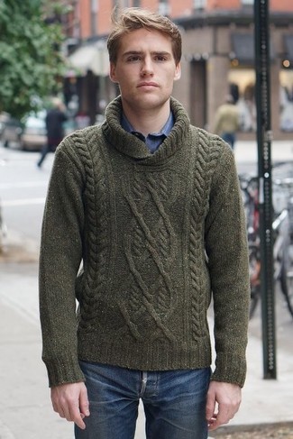 Dark Green Shawl-Neck Sweater Outfits: For a look that provides comfort and dapperness, wear a dark green shawl-neck sweater and blue jeans.