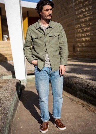 Men's Olive Long Sleeve Shirt, White and Black Horizontal Striped Crew-neck T-shirt, Light Blue Jeans, Brown Leather Low Top Sneakers