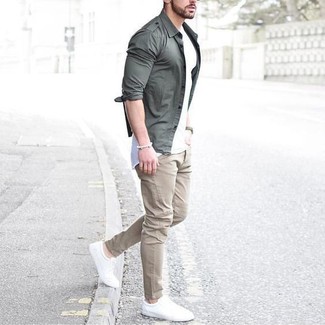 Men's Olive Long Sleeve Shirt, White Crew-neck T-shirt, Beige Chinos, White Low Top Sneakers