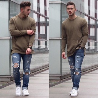 Men's Olive Long Sleeve T-Shirt, Blue Ripped Jeans, White Low Top Sneakers