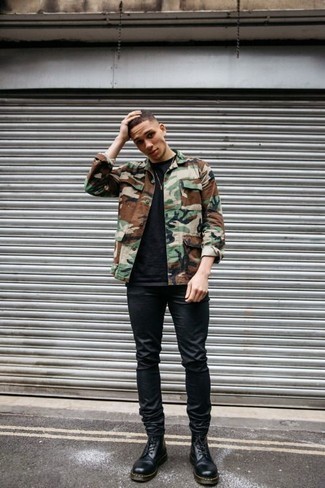 Men's Olive Camouflage Military Jacket, Black Crew-neck T-shirt, Black Skinny Jeans, Black Leather Casual Boots