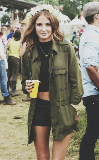 Women's Olive Military Jacket, Black Cropped Top, Black Leather Shorts, White Floral Headband