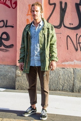 Men's Olive Military Jacket, Light Blue Print Long Sleeve Shirt, Brown Chinos, Black and White Suede Low Top Sneakers