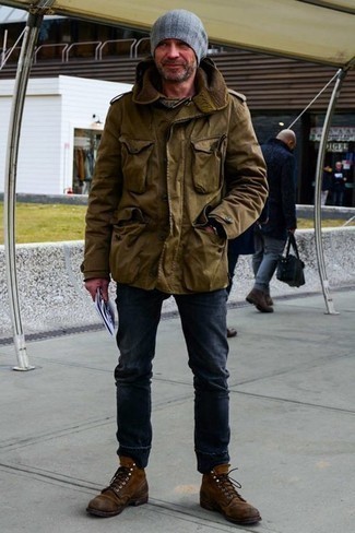 Olive Military Jacket Smart Casual Outfits For Men: Teaming an olive military jacket with navy jeans is a great pick for an off-duty ensemble. Infuse your look with an extra dose of style by sporting brown suede casual boots.