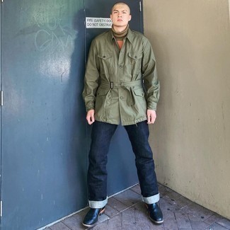 Olive Military Jacket Outfits For Men: Fashionable and comfortable, this casual combo of an olive military jacket and navy jeans will provide you with variety. Finishing with navy leather chelsea boots is a guaranteed way to add some extra definition to your outfit.