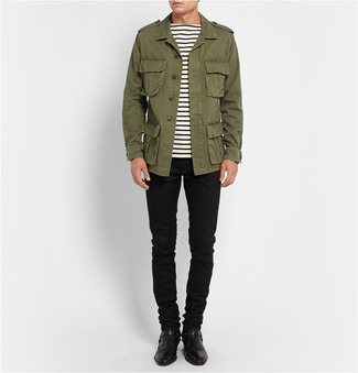 Men's Olive Military Jacket, White and Black Horizontal Striped Crew-neck T-shirt, Black Jeans, Black Leather Chelsea Boots