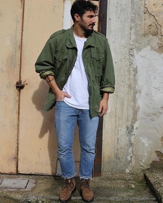 Olive Military Jacket Outfits For Men: Team an olive military jacket with light blue ripped jeans for a stylish and easy-going getup. Brown suede casual boots are an effective way to give an added touch of style to this outfit.