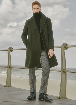 Teal Overcoat Outfits: This is undeniable proof that a teal overcoat and grey wool dress pants are amazing when teamed together in a refined outfit for a modern gent. Go ahead and introduce a pair of black leather casual boots to the mix for a dose of stylish nonchalance.