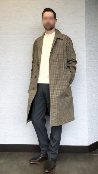 Olive Check Overcoat Outfits: Go all out in an olive check overcoat and charcoal dress pants. Our favorite of a countless number of ways to complete this ensemble is dark brown leather chelsea boots.