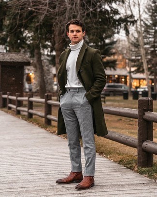 Olive Overcoat Outfits: This ensemble clearly shows it is totally worth investing in such menswear items as an olive overcoat and grey chinos. A pair of brown leather chelsea boots will put a more sophisticated spin on an otherwise straightforward ensemble.