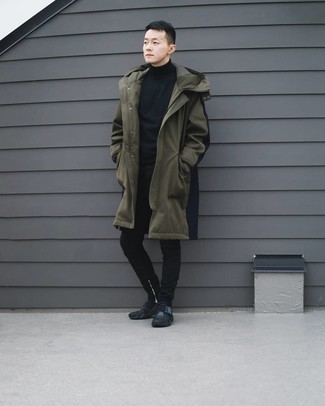 1200+ Casual Chill Weather Outfits For Men: If you prefer off-duty pairings, then you'll appreciate this combination of an olive parka and black jeans. Make your look less formal by finishing off with a pair of black athletic shoes.