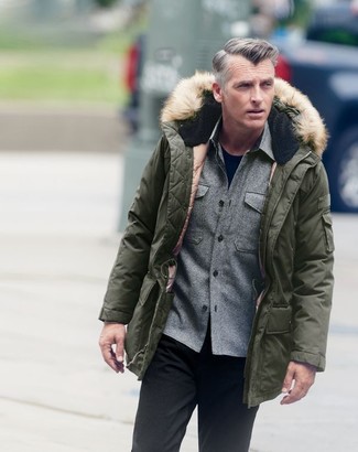 Dark Green Parka Outfits For Men: Putting together a dark green parka with black chinos is a great choice for a casually dapper look.